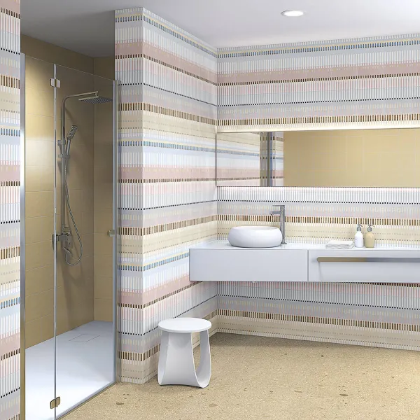 Baño con azulejos efecto barro en tonos cálidos, colección Rúbrica de Vives