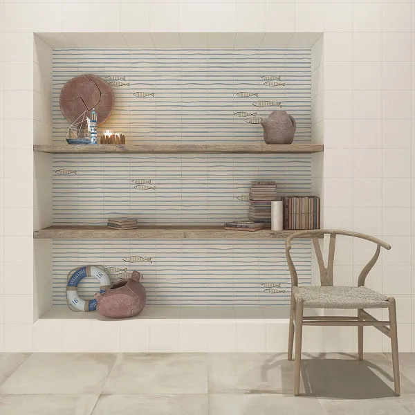 Baño con azulejos efecto barro en tonos cálidos, colección Rúbrica de Vives