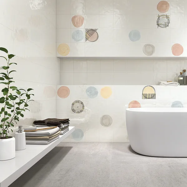 Baño con azulejos efecto barro en tonos neutros, colección Rúbrica de Vives