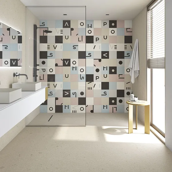 Baño con azulejos efecto barro, colección Rúbrica de Vives