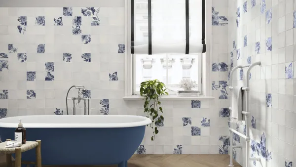 Baño con azulejos efecto barro, colección Sintra de Ape