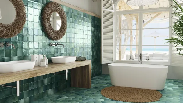 Baño con azulejos efecto barro en tonos fríos, colección Sintra de Ape