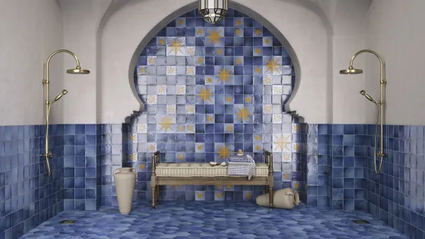 Baño con azulejos efecto barro en tonos fríos, colección Sintra de Ape