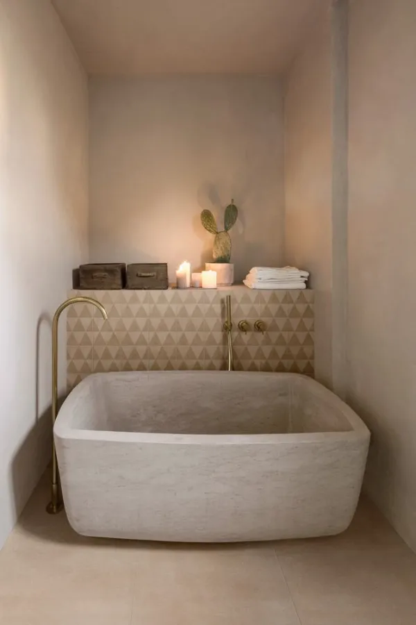 Baño con azulejos efecto barro en tonos cálidos, colección Slow de Marazzi
