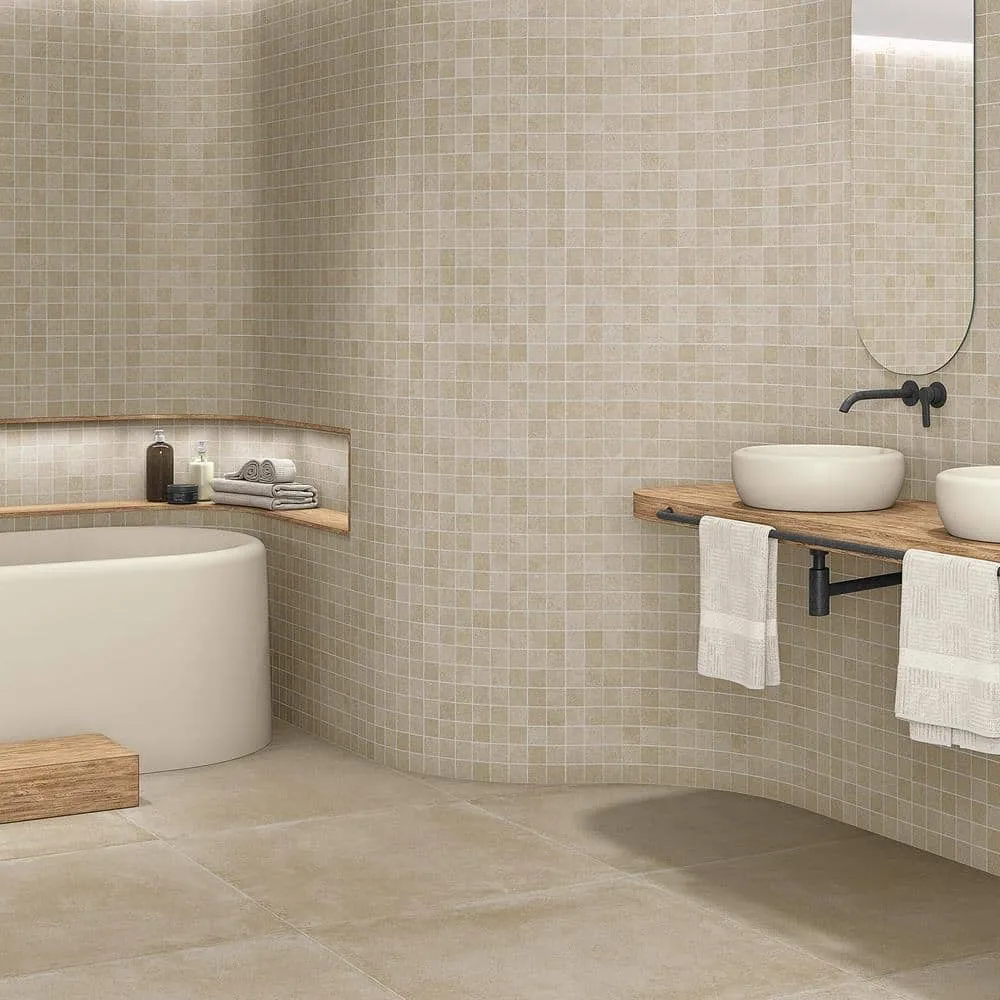 Baño con azulejos efecto barro en tonos cálidos, colección Zero de Vives