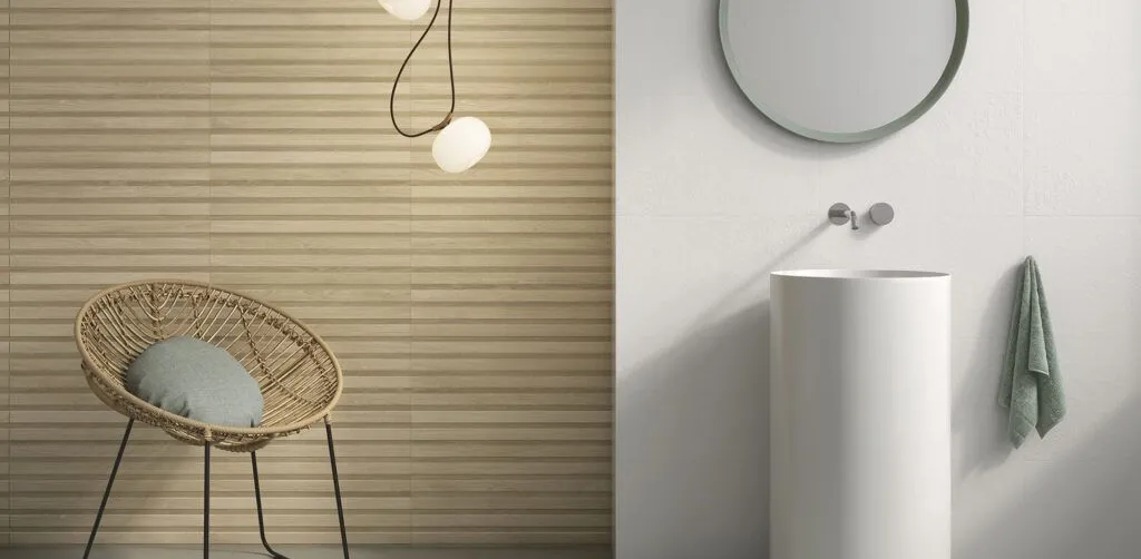 Baño con azulejos efecto barro, colección Zero de Vives