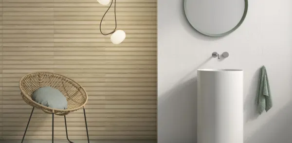 Baño con azulejos efecto barro, colección Zero de Vives