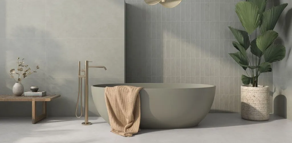 Baño con azulejos efecto barro en tonos neutros, colección Zero de Vives