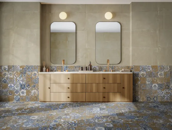 Baño con azulejos efecto barro en tonos cálidos, colección Zest de Aparici
