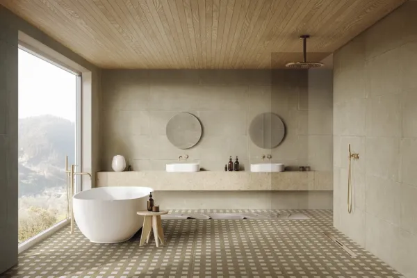 Baño con azulejos efecto barro en tonos cálidos, colección Zest de Aparici