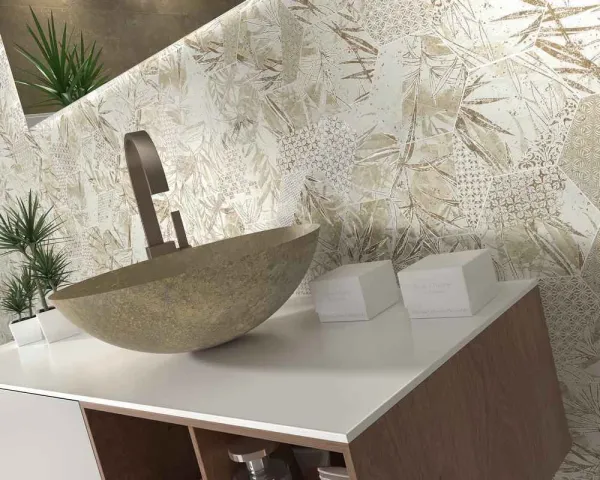 Baño con azulejos efecto botánico, colección Magnet de Dune