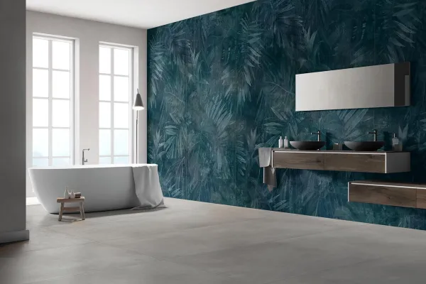 Baño con azulejos efecto botánico en tonos fríos, colección Phoenix de Arklam