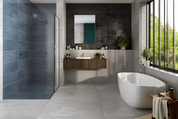 Baño con azulejos efecto cemento, colección Allegra de TAU ceràmica