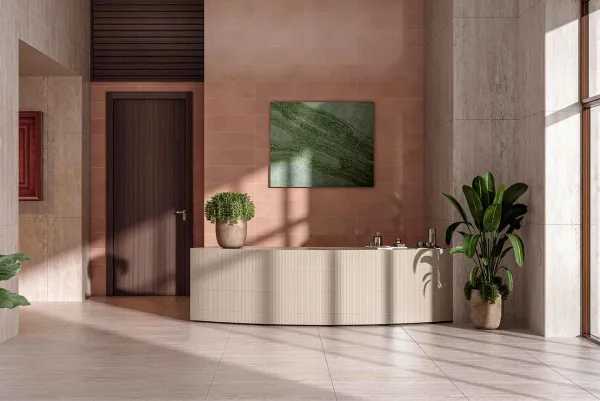 Baño con azulejos efecto cemento en tonos cálidos, colección Allegra de TAU ceràmica