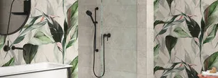 Baño con azulejos efecto cemento en tonos neutros, colección Ama de Ape