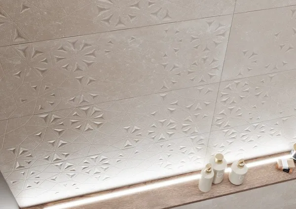 Baño con azulejos efecto cemento en tonos cálidos, colección Arduin de Metropol