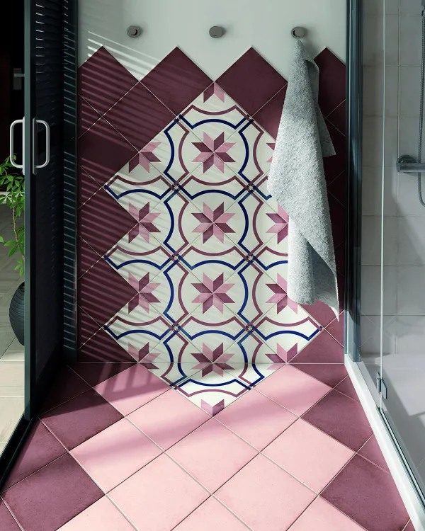 Baño con azulejos efecto cemento en tonos fríos, colección Art nouveau de Equipe