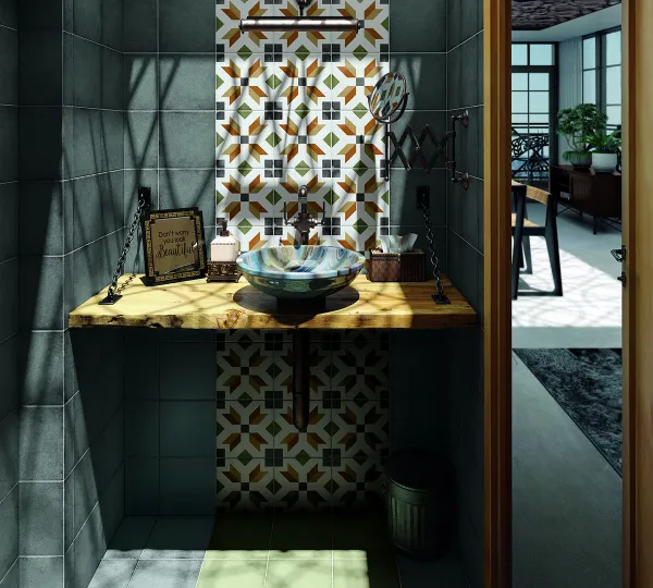 Baño con azulejos efecto cemento en tonos fríos, colección Art nouveau de Equipe