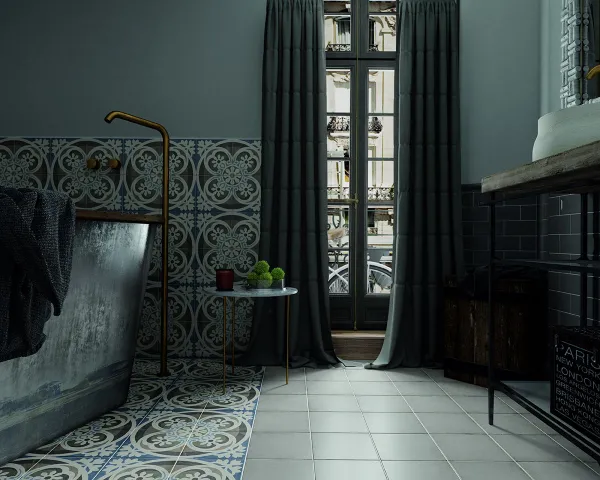 Baño con azulejos efecto cemento en tonos fríos, colección Art nouveau de Equipe