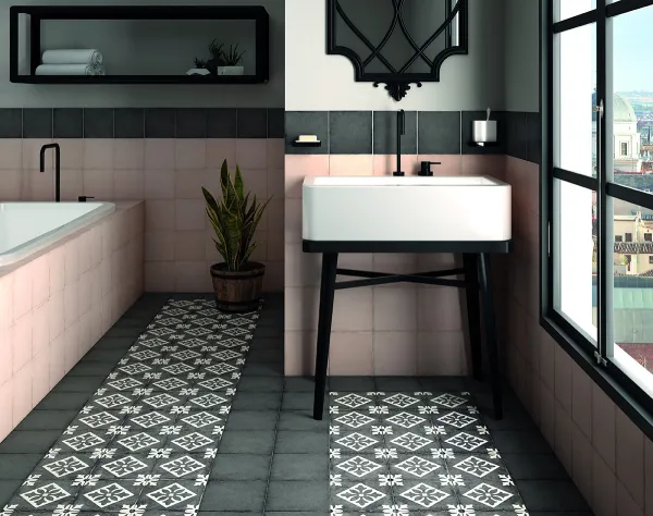 Baño con azulejos efecto cemento, colección Art nouveau de Equipe