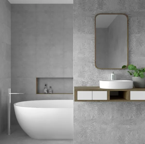 Baño con azulejos efecto cemento en tonos neutros, colección Avart de Navarti