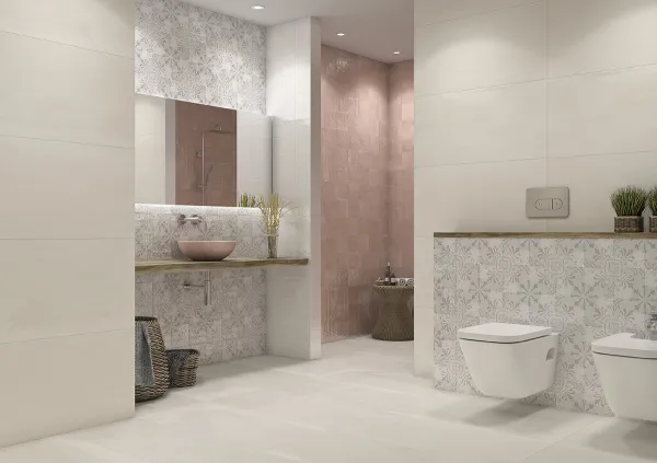 Baño con azulejos efecto cemento en tonos cálidos, colección Berlin de Dune
