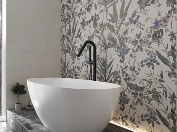 Baño con azulejos efecto cemento en tonos neutros, colección Borneo de Cifre