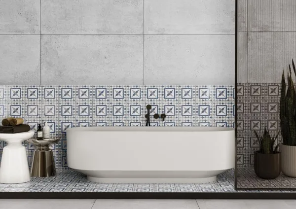 Baño con azulejos efecto cemento en tonos neutros, colección Boulevard de Ibero Casa Infinita