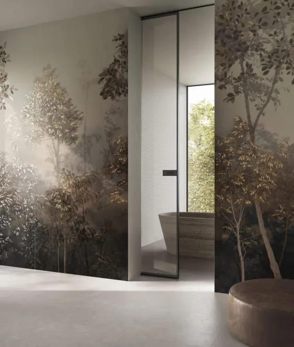 Baño con azulejos efecto cemento en tonos cálidos, colección Cement vibes de Ceramiche Piemme