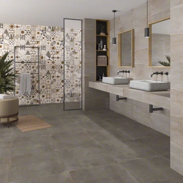 Baño con azulejos efecto cemento, colección Chicago de Vives