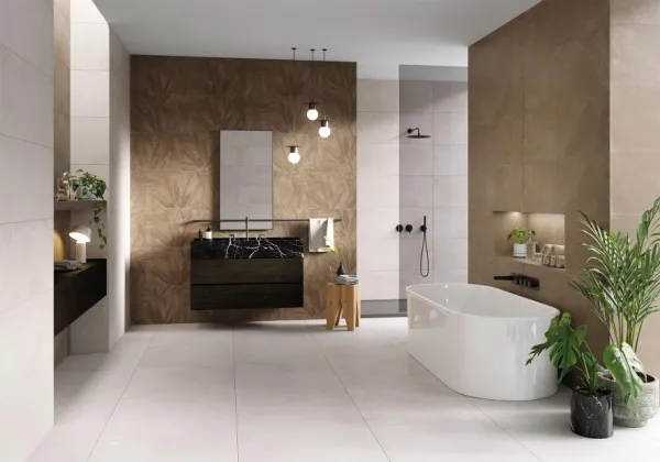 Baño con azulejos efecto cemento en tonos cálidos, colección Chrome de Metropol