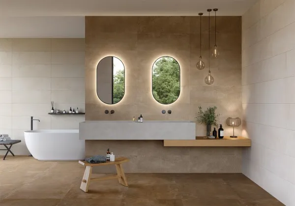 Baño con azulejos efecto cemento en tonos cálidos, colección Chrome de Metropol