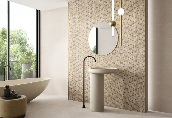 Baño con azulejos efecto cemento en tonos cálidos, colección Clunia de Durstone