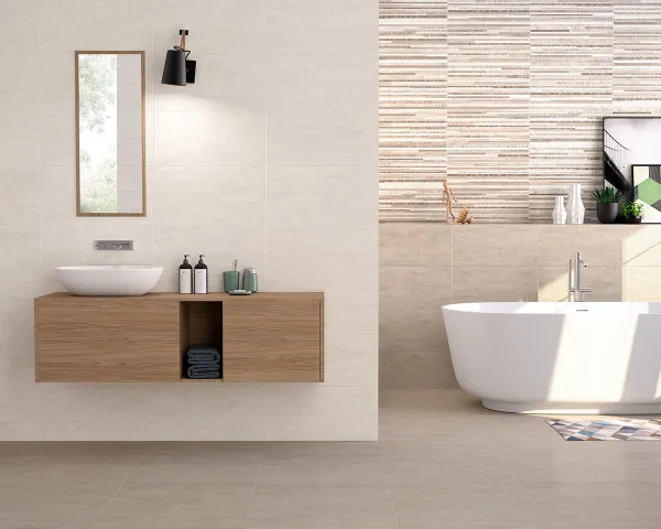 Baño con azulejos efecto cemento en tonos cálidos, colección Concept de Colorker