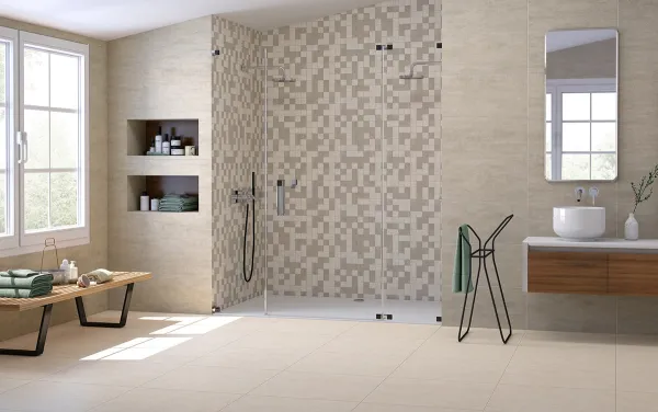 Baño con azulejos efecto cemento en tonos cálidos, colección Concept de Colorker