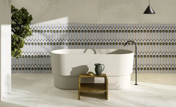 Baño con azulejos efecto cemento, colección Crea de Aparici