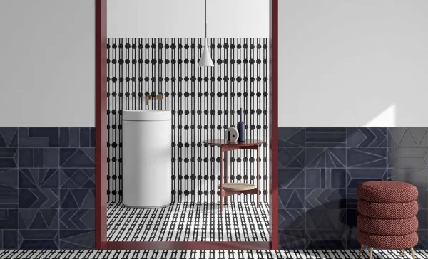 Baño con azulejos efecto cemento en tonos neutros, colección Crea de Aparici