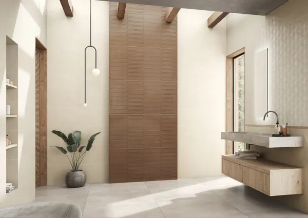 Baño con azulejos efecto cemento en tonos cálidos, colección Cute de TAU ceràmica