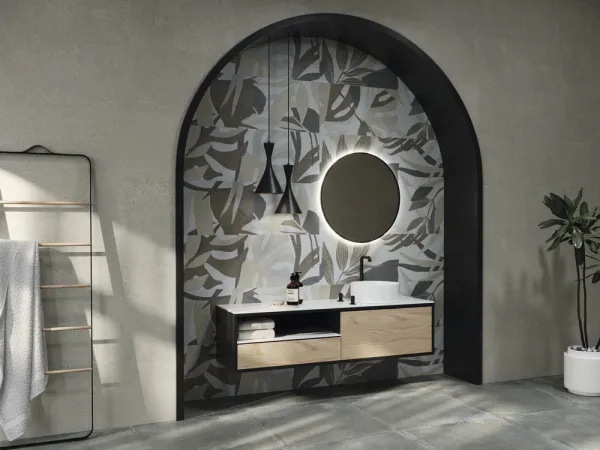 Baño con azulejos efecto cemento en tonos neutros, colección Davenport de Argenta