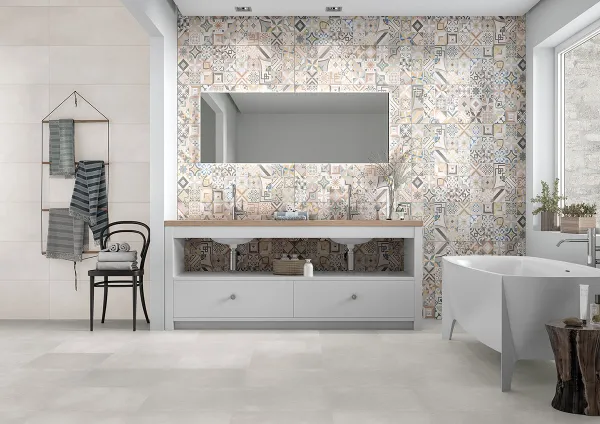 Baño con azulejos efecto cemento en tonos neutros, colección Devan de Alaplana