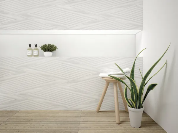 Baño con azulejos efecto cemento en tonos neutros, colección Donna de Peronda