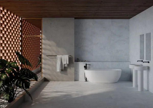 Baño con azulejos efecto cemento, colección Ethereal de Ibero Casa Infinita