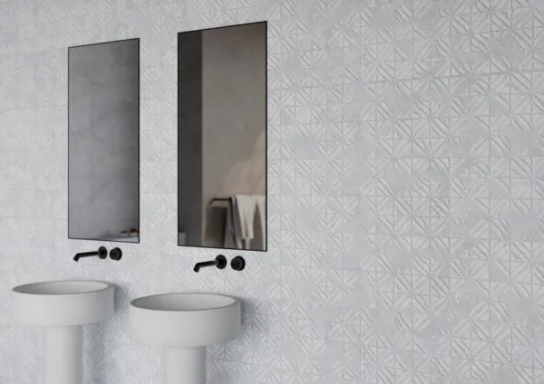 Baño con azulejos efecto cemento en tonos neutros, colección Ethereal de Ibero Casa Infinita