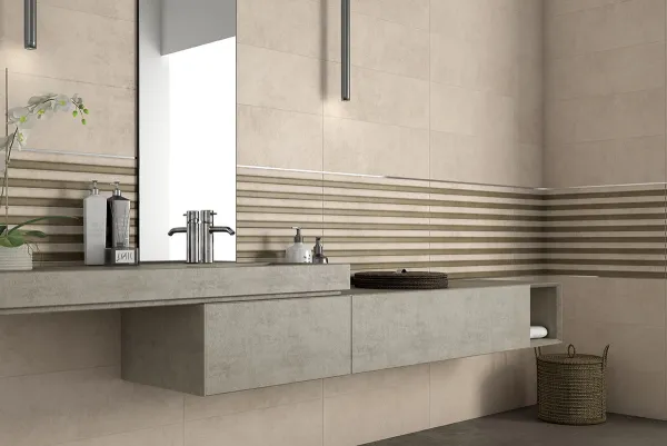 Baño con azulejos efecto cemento en tonos cálidos, colección Foster - meier de Argenta