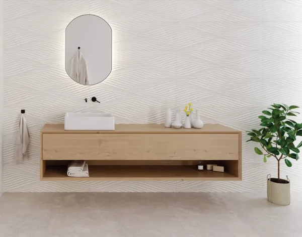 Baño con azulejos efecto cemento, colección Grunge de Peronda