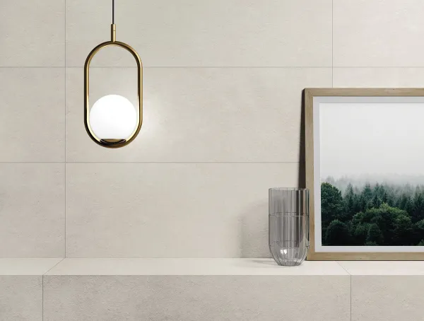 Baño con azulejos efecto cemento en tonos neutros, colección Grunge de Peronda