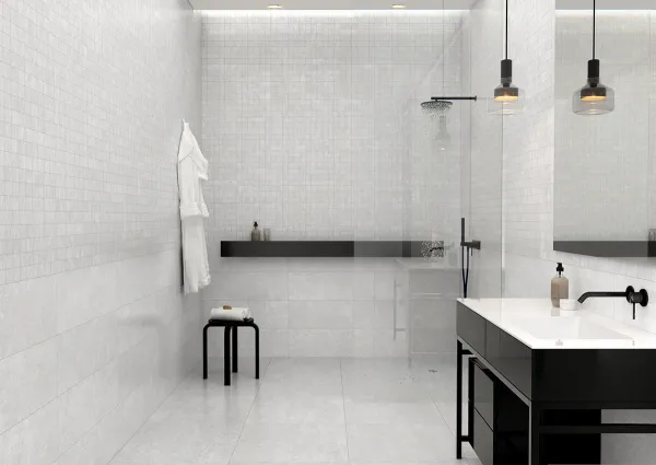 Baño con azulejos efecto cemento en tonos neutros, colección Grunge de Peronda