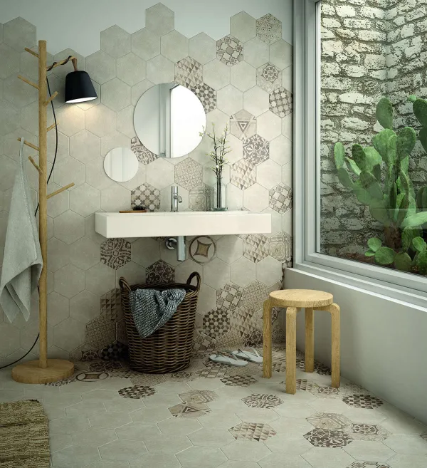 Baño con azulejos efecto cemento, colección Hexatile cement de Equipe