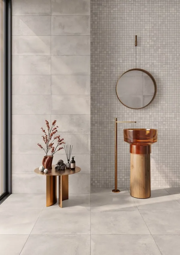 Baño con azulejos efecto cemento, colección Legacy de Love Tiles