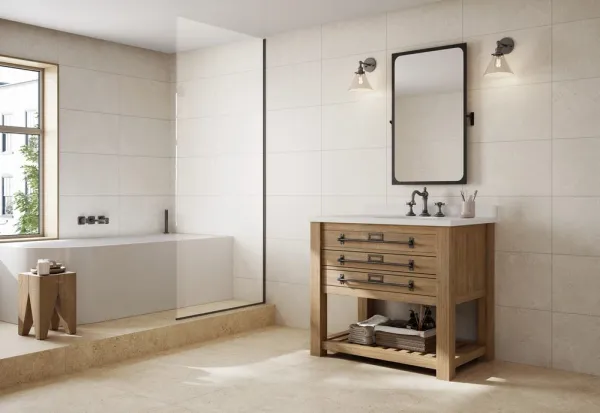 Baño con azulejos efecto cemento en tonos cálidos, colección Levin de Navarti
